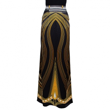مملوكة مسبقًا Roberto Cavalli Black & Yellow Printed Silk Satin Maxi Skirt L