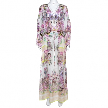 Pre Owned Roberto Cavalli White Floral Print Silk Sheer Maxi Kaftan L