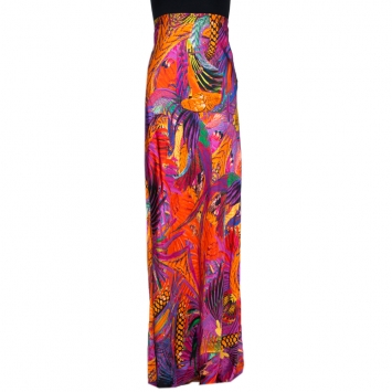 Pre Owned Roberto Cavalli Multicolor Abstract Feather Printed Silk Maxi Skirt L 