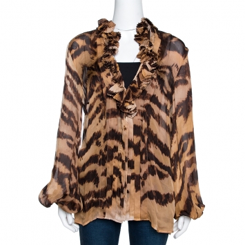 Pre Owned Roberto Cavalli Beige Animal Printed Silk Ruffled Neck Detail Top L