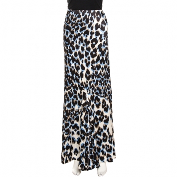 Pre Owned Roberto Cavalli Blue Leopard Printed Silk Maxi Skirt L