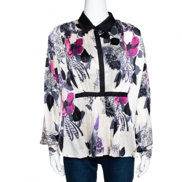 Pre Owned Roberto Cavalli Cream Floral Print Silk Satin Pleated Top L