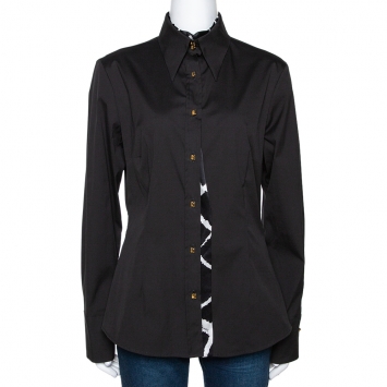 Pre Owned Roberto Cavalli Black Stretch Cotton Printed Trim Detail Shirt L