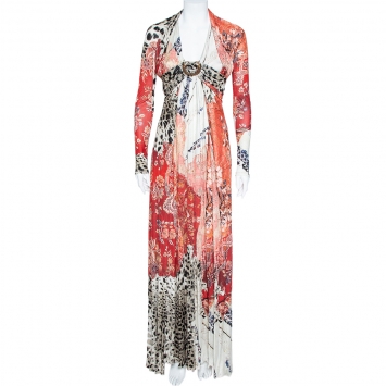 Pre Owned Roberto Cavalli Multicolor Floral and Animal Print Crepe Gathered Maxi Dress M