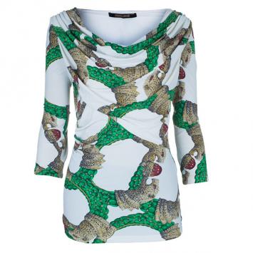 Pre Owned Roberto Cavalli Draped Neck Jersey Print Top M