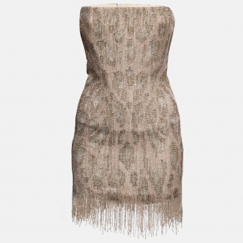 Pre Owned Roberto Cavalli Brown Patterned Bead Embellished Silk Strapless Dress S