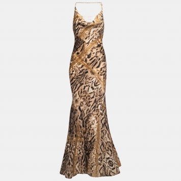 Pre Owned Roberto Cavalli Brown Animal Printed Silk Cowl-Neck Gown S