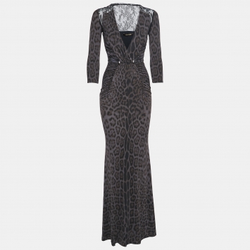 Pre Owned Roberto Cavalli Dark Grey Animal Print Stretch Jersey and Lace Long Sleeve Maxi Dress S