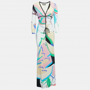 Pre Owned Roberto Cavalli Multicolor Leaves Print Stretch Knit Ruched Maxi Dress M