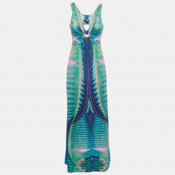 Pre Owned Roberto Cavalli Multicolor Print stretch Knit Cut-Out Sleeveless Maxi Dress M