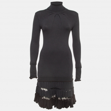 Pre Owned Roberto Cavalli Grey Wool Turtle Neck Flounce Short Dress S