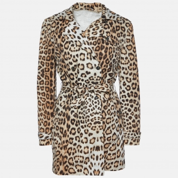 Pre Owned Roberto Cavalli Beige Leopard Print Cotton Blend Trench Coat L