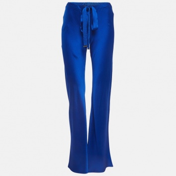 Pre Owned Roberto Cavalli Blue Textured Silk Flared Trousers S