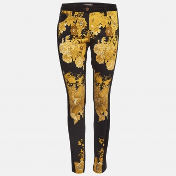 Pre Owned Roberto Cavalli Black/Yellow Printed Corduroy & Wool Blend Pants M