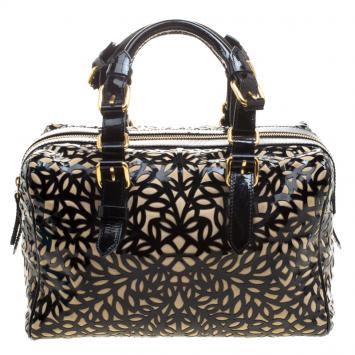Pre Owned Roberto Cavalli Black Laser Cut Patent Leather Boston Bag
