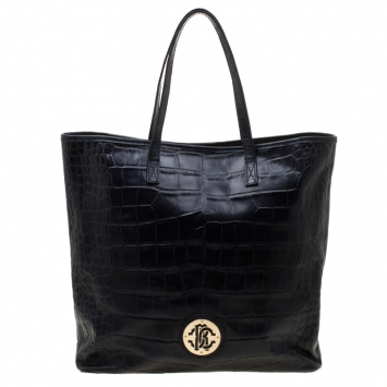 Pre Owned Roberto Cavalli Black Croc Embossed Leather Tote