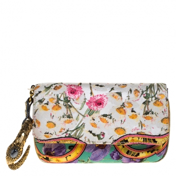 Pre Owned Roberto Cavalli Multicolor Floral Print Satin Serpent Bracelet Wristlet Clutch     