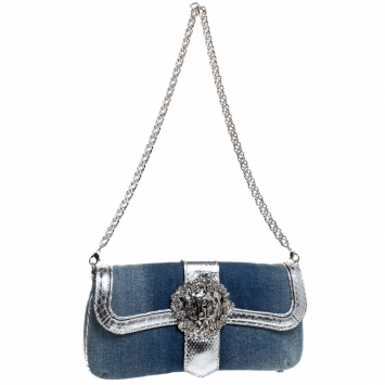 Pre Owned Roberto Cavalli Blue/Silver Denim and Snakeskin Flap Chain Clutch