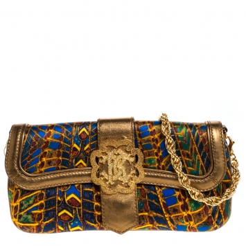 Pre Owned Roberto Cavalli Multicolor Printed Satin and Leather Chain Clutch