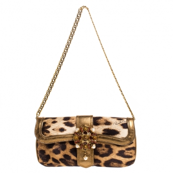 Pre Owned Roberto Cavalli Brown/Gold Leopard Print Satin and Leather Chain Clutch