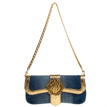 Pre Owned Roberto Cavalli Blue/Gold Denim and Snakeskin Flap Chain Clutch