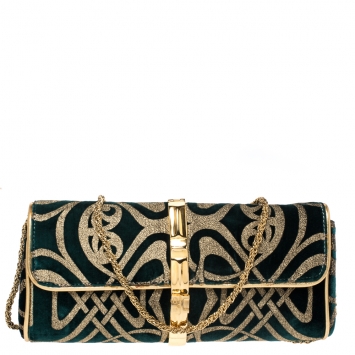 Pre Owned Roberto Cavalli Green/Gold Velvet and Leather Chain Clutch 