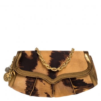 Pre Owned Roberto Cavalli Brown Printed Satin and Leather Charm Shoulder Bag