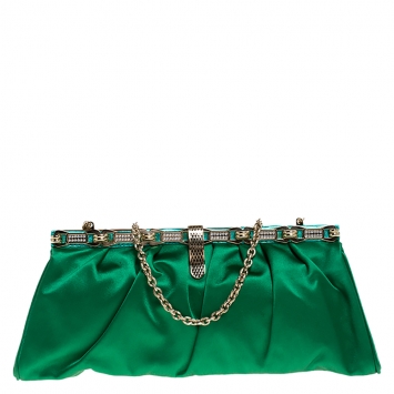 Pre Owned Roberto Cavalli Green Satin Embellished Frame Chain Clutch