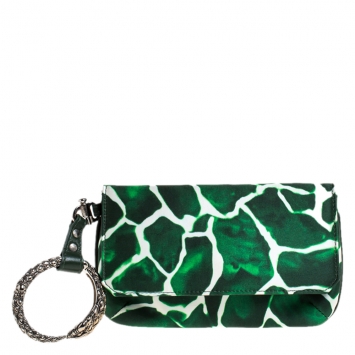 Pre Owned Roberto Cavalli Green/White Satin and Leather Serpent Wristlet Clutch