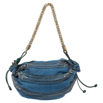 Pre Owned Roberto Cavalli Blue/Green Denim and Patent Leather Embellished Chain Hobo