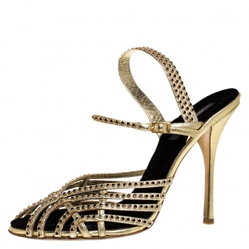 Pre Owned Roberto Cavalli Metallic Gold Leather Studded Strappy Sandals Size 41