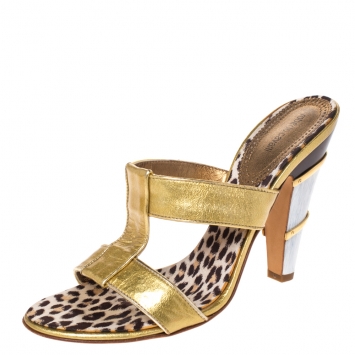 Pre Owned Roberto Cavalli Metallic Gold Leather Open Toe Sandals Size 39