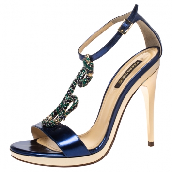 Pre Owned Roberto Cavalli Metallic Blue/Gold Leather Snake Embellished Ankle Strap Sandals Size 37