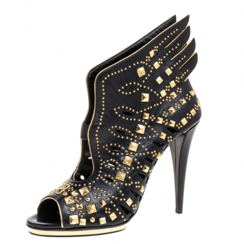 Pre Owned Roberto Cavalli Black Leather Studded Winged Althea Heel Booties 