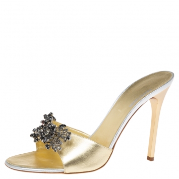 Pre Owned Roberto Cavalli Gold Leather Embellished Brooch Slide Sandals Size 38.5