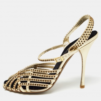 Pre Owned Roberto Cavalli Metallic Gold Leather Ankle Wrap Sandals Size 39