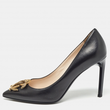 Pre Owned Roberto Cavalli Black Leather Embellished Pointed Toe Pumps Size 37