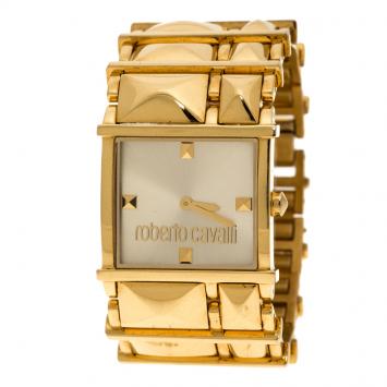 Pre Owned Roberto Cavalli Gold Tone Stainless Steel Rectangle Women's Wristwatch 27 mm
