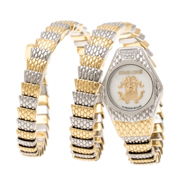 Pre Owned Roberto Cavalli Mother of Pearl Two-Tone Stainless Steel Diamond Snake Women's Wristwatch  23 mm