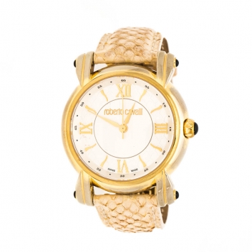Pre Owned Roberto Cavalli Silver White Dial Gold Plated Stainless Steel 7251172515 Women's Wristwatch 40 mm