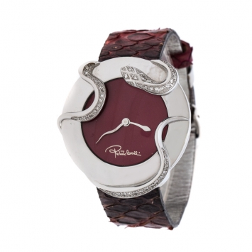 Pre Owned Roberto Cavalli Maroon Stainless Steel Diamonds Snake 7251165523 Women's Wristwatch 38 mm