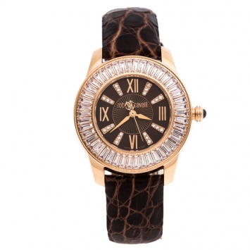 Pre Owned Roberto Cavalli Brown Gold-Plated Stainless Steel Crystal Fugit Women's Wristwatch 36MM