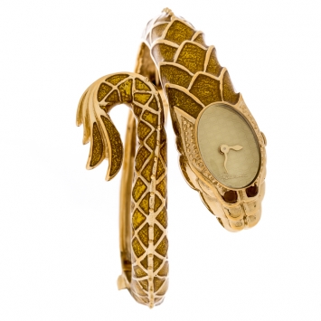 Pre Owned Roberto Cavalli Yellow Gold Plated Stainless Steel Eva Snake 7253126017 Women's Wristwatch 18 mm