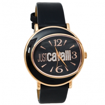Pre Owned Just Cavalli Black Gold Tone Stainless Steel & Leather R7251186525 Women's Wristwatch 42 mm