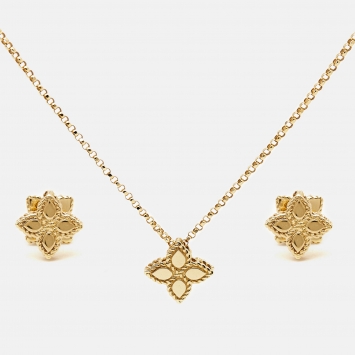 Pre Owned Roberto Coin Princess Flower 18K Yellow Gold Necklace & Earrings Set
