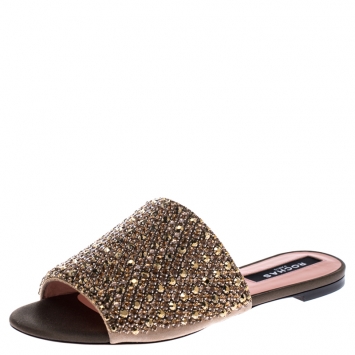 Pre Owned Rochas Beige Suede Crystal Embellished Open Toe Flat Slides Size 38
