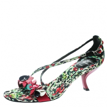 Pre Owned Roger Vivier Multicolor Floral Printed Canvas Cross Strap Sandals Size 38.5