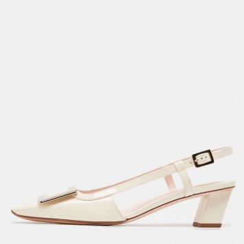 مملوكة مسبقًا Roger Vivier Cream Patent Leather Belle Vivier 45  Slingback Pumps Size 39.5
