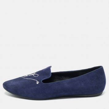 Pre Owned Roger Vivier Navy Blue Suede Crystal Embellished Ballet Flats Size 38