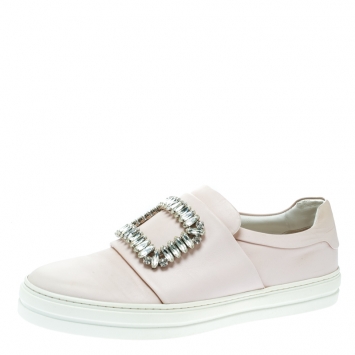 Pre Owned Roger Vivier Blush Pink Leather Sneaky Viv Embellished Slip On Sneakers Size 38.5